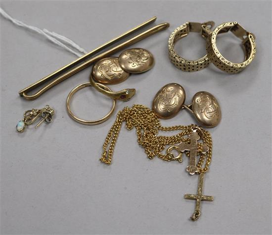 A pair of 9ct gold cufflinks, pair of yellow metal earclips and minor items including a 9ct wedding band and two gold cross pendants